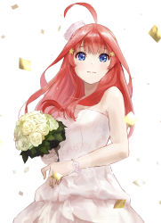 Rule 34 | 1girl, ahoge, bare shoulders, blue eyes, blunt bangs, blush, bouquet, closed mouth, dress, floral print, flower, go-toubun no hanayome, hair ornament, highres, holding, holding bouquet, ishiyuki, long hair, looking at viewer, nakano itsuki, pink hair, simple background, solo, star (symbol), star hair ornament, tearing up, tears, wedding dress, white background