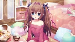 Rule 34 | 1girl, ahoge, bare shoulders, bed, bedroom, black bow, blue eyes, blush, book, bow, bowl, breasts, brown hair, chopsticks, cleavage, collarbone, cup, dot nose, film grain, food, game cg, hair bow, hair intakes, heart, heart-shaped pillow, indoors, izumi tsubasu, lens flare, long sleeves, looking at viewer, magazine (object), medium breasts, non-web source, off-shoulder sweater, off shoulder, official art, on floor, open mouth, pillow, pink sweater, plant, polka dot, potted plant, re:stage!, shikimiya aone, sitting, smile, solo, sparkle, steam, sukiyaki, sweater, two side up, wooden floor, yokozuwari