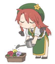 Rule 34 | 1girl, beret, black bow, black footwear, black neckwear, blush stickers, bow, braid, chibi, citrus (place), closed eyes, closed mouth, flower, full body, green hat, green skirt, green vest, hair bow, hat, hat ornament, holding, holding watering can, hong meiling, leaning forward, long hair, planter, red hair, shirt, shoes, short sleeves, side slit, simple background, skirt, smile, solo, star (symbol), star hat ornament, touhou, twin braids, vest, watering can, white background, white shirt