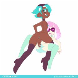 Rule 34 | 2boys, anal, anus, ass, aster (nedoiko), boy on top, choker, cum, cum in ass, cum pool, dark skin, domino mask, eyebrows, eyeshadow, fangs, green hair, high heels, highres, hoshi (nedoiko), ink, inkling player character, large penis, looking back, makeup, male focus, male penetrated, mask, multiple boys, nintendo, nude, orgasm, original, penis, pink eyes, pink hair, sex, smile, splatoon (series), spread legs, symbol-shaped pupils, tentacle hair, thighhighs, trap, trap on trap, uncensored, white background, yaoi, yellow eyes