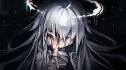 Rule 34 | 1girl, bandages, blood, blood on hands, camisole, close-up, closed mouth, dark background, halo, hand on own face, kajaneko, long hair, melting halo, original, silver hair, solo
