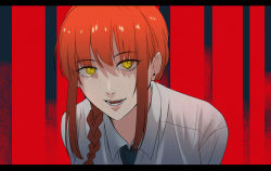Rule 34 | 1girl, black necktie, braid, braided ponytail, chainsaw man, collared shirt, commentary, dress shirt, eyelashes, highres, kikaia, letterboxed, lips, looking at viewer, makima (chainsaw man), medium hair, necktie, open mouth, portrait, red background, red hair, ringed eyes, shirt, sidelocks, simple background, smile, solo, teeth, white shirt, yellow eyes
