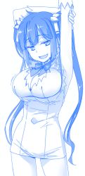 Rule 34 | 10s, 1girl, :d, arm ribbon, arm up, armpits, arms up, bare shoulders, black hair, blue eyes, blue theme, blush, bow, breasts, cleavage, cleavage cutout, clothing cutout, covered navel, dress, dungeon ni deai wo motomeru no wa machigatteiru darou ka, elbow gloves, female focus, gloves, hair ornament, hair ribbon, hestia (danmachi), himura kiseki, jitome, large breasts, long hair, looking at viewer, md5 mismatch, monochrome, open mouth, rei no himo, resized, ribbon, short dress, simple background, smile, solo, standing, stretching, twintails, very long hair, white background
