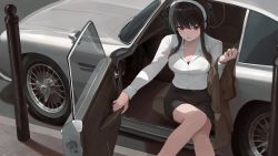 Rule 34 | 1girl, absurdres, alternate costume, aston martin db5, bad id, bad twitter id, black hair, black skirt, breasts, brown jacket, car, cleavage, commentary, hairband, highres, holding, holding clothes, holding jacket, jacket, ko-ma, large breasts, long hair, long sleeves, motor vehicle, office lady, open door, opening door, pencil skirt, red eyes, sidelocks, sitting, skirt, solo, sports car, spy x family, thighs, white hairband, yor briar