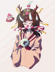 Rule 34 | 1other, absurdres, androgynous, antlers, atoymk, black hair, blue fire, brown kimono, burabura, candle on head, candy, candy cane, christmas, closed eyes, crossed arms, fake antlers, fire, food, hair ornament, hairband, hairclip, hat, headband, highres, holly hair ornament, horns, japanese clothes, kimono, len&#039;en, long sleeves, medium hair, mouth hold, object on head, other focus, red hairband, red headband, reindeer antlers, santa hat, sweatdrop, taira no chouki, upper body, white horns, wide sleeves