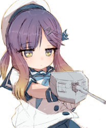 Rule 34 | 1girl, adapted turret, alchera, blue neckerchief, blue ribbon, blue sailor collar, commentary request, gloves, gradient hair, hat, kantai collection, multicolored hair, neckerchief, orange hair, puffy short sleeves, puffy sleeves, purple eyes, purple hair, ribbon, sailor collar, sailor hat, short hair, short sleeves, sidelocks, simple background, solo, tsushima (kancolle), upper body, white background, white gloves, white hat