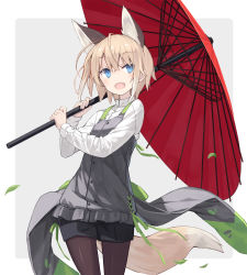 Rule 34 | 1girl, :d, animal ears, black shorts, blue eyes, brown hair, brown pantyhose, commentary request, fang, fox ears, fox girl, fox tail, frills, grey background, hair between eyes, highres, holding, holding umbrella, pantyhose under shorts, long sleeves, oil-paper umbrella, open mouth, original, pantyhose, poco (asahi age), red umbrella, shirt, short shorts, shorts, smile, solo, standing, tail, two-tone background, umbrella, white background, white shirt
