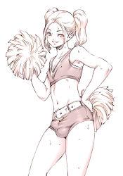 Rule 34 | 1boy, aian, belt, blush, bulge, cheerleader, crossdressing, hand on own hip, looking at viewer, male focus, midriff, navel, original, pom pom (cheerleading), short shorts, shorts, smile, solo, sweat, trap, twintails