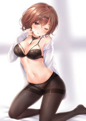 Rule 34 | 1girl, :o, arm behind back, bare shoulders, black bra, black pantyhose, blush, bra, breasts, brown eyes, brown hair, collarbone, commentary request, grey background, hair ornament, hairclip, hand up, higuchi madoka, idolmaster, idolmaster shiny colors, large breasts, long sleeves, looking at viewer, navel, nikoo, off shoulder, one eye closed, open clothes, open shirt, panties, panties under pantyhose, pantyhose, shirt, short hair, solo, thighband pantyhose, underwear, white shirt