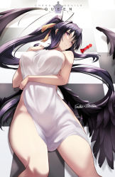 Rule 34 | 1girl, antenna hair, black hair, black wings, breasts, checkered floor, chess piece, closed mouth, demon wings, english text, gainoob, hair ribbon, head tilt, high school dxd, highres, himejima akeno, large breasts, long hair, lying, naked towel, on back, ponytail, purple eyes, queen (chess), ribbon, sidelocks, solo, thighs, towel, very long hair, wings