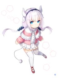 Rule 34 | 10s, 1girl, :o, absurdres, animal ears, blue eyes, blue ribbon, blunt bangs, blush, capelet, dragon ears, dragon girl, dragon tail, frills, full body, hair ribbon, hieung, highres, kanna kamui, kobayashi-san chi no maidragon, long hair, long sleeves, looking at viewer, low twintails, parted lips, red footwear, ribbon, shoes, signature, silver hair, simple background, skirt, solo, tail, thighhighs, thighs, twintails, white background, white skirt, zettai ryouiki