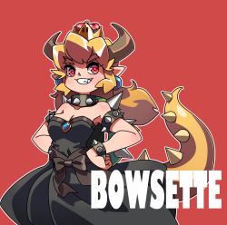 Rule 34 | 1girl, armlet, bare shoulders, black bow, black collar, black dress, blonde hair, blush, bow, bowsette, bracelet, character name, collar, collarbone, cowboy shot, crown, dress, earrings, hands on own hips, highres, horns, huge filesize, jewelry, long hair, mario (series), new super mario bros. u deluxe, nintendo, outline, pointy ears, red background, red eyes, sharp teeth, simple background, smile, solo, spiked armlet, spiked bracelet, spiked collar, spiked shell, spiked tail, spikes, strapless, strapless dress, super crown, suzuhara kenji, tail, teeth, turtle shell, white outline