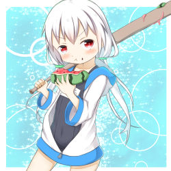 Rule 34 | 1girl, :t, baseball bat, black one-piece swimsuit, blush, closed mouth, commentary request, covered navel, eating, food, food on face, fruit, hair between eyes, highres, holding, holding baseball bat, holding food, hood, hood down, hooded jacket, jacket, long hair, long sleeves, low twintails, old school swimsuit, one-piece swimsuit, open clothes, open jacket, original, red eyes, school swimsuit, silver hair, solo, su guryu, swimsuit, swimsuit under clothes, twintails, v-shaped eyebrows, very long hair, watermelon, white jacket, wide sleeves