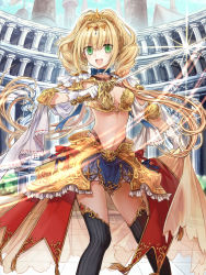 Rule 34 | 1girl, :d, armor, bad id, bad pixiv id, black thighhighs, blonde hair, breasts, choker, circlet, cleavage, crown, frills, gloves, green eyes, holding, holding sword, holding weapon, long hair, navel, open mouth, original, rapier, ribbon choker, shirako miso, smile, solo, sparkle, standing, sword, thighhighs, twintails, weapon, white gloves