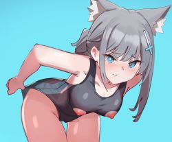 Rule 34 | 1girl, adjusting clothes, adjusting swimsuit, animal ear fluff, animal ears, aqua background, aqua eyes, bent over, blue archive, blush, breasts, closed mouth, competition swimsuit, cross hair ornament, grey hair, hair ornament, highres, looking at viewer, medium breasts, mismatched pupils, nipple cutout, nipples, nose blush, official alternate costume, one-piece swimsuit, ponytail, shiroko (blue archive), shiroko (swimsuit) (blue archive), simple background, simplecar, solo, swimsuit