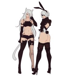 Rule 34 | 2girls, android, animal ears, ass, blindfold, boots, cat ears, cat tail, feather-trimmed sleeves, hanpetos, high heel boots, high heels, leotard, looking at viewer, midriff, mole, mole under mouth, multiple girls, navel, nier:automata, nier (series), rabbit ears, rabbit tail, short shorts, shorts, silver hair, tail, thigh boots, thighhighs, 2b (nier:automata), a2 (nier:automata)