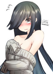 Rule 34 | 10s, 1girl, 2015, bad id, bad pixiv id, bare shoulders, black hair, blush, brown eyes, dated, hair over one eye, hayashimo (kancolle), kantai collection, long hair, nekobaka, off shoulder, ribbed sweater, simple background, solo, sweater, white background