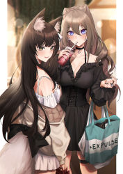 Rule 34 | 2girls, animal ears, artist name, back bow, bag, bare shoulders, black bow, black choker, black dress, black hair, black nails, blurry, blurry background, blush, bow, breasts, brown eyes, brown hair, bubble tea, choker, cleavage, collarbone, commentary request, corset, crescent, crescent choker, crescent earrings, cup, day, disposable cup, dress, drinking, earrings, expulse, frilled dress, frills, hair between eyes, highres, holding, holding cup, jewelry, large breasts, lens flare, long hair, long sleeves, looking at viewer, multiple girls, nail polish, nanatsuki nana, off-shoulder dress, off shoulder, original, outdoors, purple eyes, red lips, ring, shopping bag, standing, tail, thigh strap, very long hair, white dress
