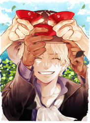 Rule 34 | 1boy, ^ ^, ascot, blonde hair, blue sky, brown gloves, brown hat, clenched teeth, closed eyes, cloud, clover, collar, cup, falling leaves, gloves, hand on headwear, hat, holding, holding cup, leaf, long sleeves, male focus, meiji (pecosyr5), monkey d. luffy, one piece, outdoors, portgas d. ace, sabo (one piece), sakazuki, scar, short hair, sky, smile, solo, teeth, upper body, white ascot