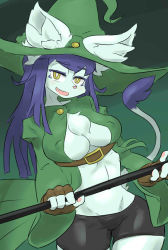 Rule 34 | 1girl, belt, breasts, cat, female focus, fingerless gloves, furry, furry female, gloves, gradient background, green background, hat, long hair, looking at viewer, no bra, purple hair, solo, tail, the amboina