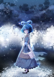 Rule 34 | 1girl, blue eyes, blue hair, dress, from side, hair ornament, hair rings, hair stick, hands in opposite sleeves, highres, kaku seiga, light particles, light smile, looking at viewer, matching hair/eyes, night, outdoors, shawl, sky, solo, star (sky), starry sky, touhou, uranaishi (miraura), vest