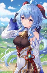 Rule 34 | 1girl, ahoge, bare shoulders, bell, black gloves, blue hair, blue sky, blush, bodystocking, bow, breasts, brown pantyhose, chinese knot, commentary request, covered navel, detached sleeves, dress, flower knot, ganyu (genshin impact), genshin impact, gloves, gold trim, highres, hitsukuya, horns, large breasts, long hair, looking at viewer, low ponytail, outdoors, pantyhose, petals, purple eyes, sky, smile, solo, standing, thighlet, thighs, vision (genshin impact), white dress, white sleeves