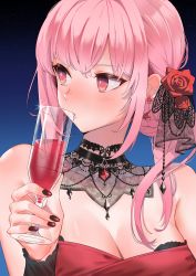 Rule 34 | 1girl, absurdres, blush, breasts, chen yang yang, cleavage, cup, dress, drinking glass, highres, holding, holding cup, hololive, hololive english, looking away, mori calliope, mori calliope (party dress), official alternate costume, pink eyes, pink hair, red dress, solo, upper body, virtual youtuber, wine glass