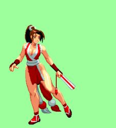 Rule 34 | 1girl, animated, animated gif, bouncing breasts, breasts, brown hair, cleavage, hand fan, large breasts, lowres, ninja, pixel art, ponytail, shiranui mai, snk, solo, the king of fighters