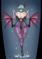 Rule 34 | 1girl, aqua eyes, aqua hair, bare shoulders, boots, breasts, breasts out, capcom, cleavage, curvy, demon girl, demon wings, detached sleeves, earrings, female focus, gloves, great magami, highres, hip focus, huge breasts, jewelry, leotard, long hair, morrigan aensland, open mouth, solo, standing, demon girl, thick thighs, thigh gap, thighs, vampire (game), wide hips, wings