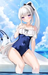 Rule 34 | 1girl, bag, bare shoulders, black bow, blue archive, blue one-piece swimsuit, blue sky, bow, breasts, cloud, collarbone, commentary request, covered navel, day, frilled one-piece swimsuit, frills, grey hair, hair bow, halo, hand up, head tilt, highres, horizon, katsushika pachi, long hair, looking at viewer, miyako (blue archive), miyako (swimsuit) (blue archive), ocean, off-shoulder one-piece swimsuit, off shoulder, official alternate costume, one-piece swimsuit, outdoors, parted lips, ponytail, purple eyes, sitting, sky, small breasts, soaking feet, solo, swimsuit, transparent, very long hair, water