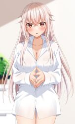 Rule 34 | 1girl, :o, blurry, blurry background, blush, breasts, collarbone, collared shirt, commentary request, depth of field, dress shirt, etna (kuzuyu), gluteal fold, hair between eyes, highres, komori kuzuyu, large breasts, light brown hair, long hair, long sleeves, naked shirt, original, parted lips, red eyes, shirt, solo, standing, steepled fingers, very long hair, white shirt
