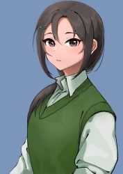 Rule 34 | 1girl, absurdres, aoki kei, black eyes, blue background, collared shirt, green vest, hair between eyes, hair ornament, hair over shoulder, hairclip, highres, idolmaster, idolmaster cinderella girls, looking at viewer, ponytail, shirt, simple background, solo, trainer (idolmaster), upper body, ushimochi, vest, wavy mouth, white shirt