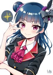 Rule 34 | 1girl, ascot, black bow, black feathers, black shirt, blue hair, bow, collared shirt, dated, deadnooodles, feather hair ornament, feathers, hair bow, hair bun, hair ornament, hair scrunchie, hand on own elbow, highres, long hair, looking at viewer, love live!, love live! school idol festival, love live! sunshine!!, nail polish, pink ascot, pink nails, purple eyes, purple scrunchie, scrunchie, shirt, short sleeves, side bun, single side bun, solo, spoken sparkle, tsushima yoshiko, upper body, v over eye, white feathers
