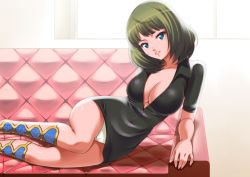 Rule 34 | 10s, 1girl, arm support, blue eyes, breasts, cleavage, couch, green hair, highres, idolmaster, idolmaster cinderella girls, large breasts, lips, mole, mole under eye, panties, parted lips, shiny skin, shirihime, solo, takagaki kaede, underwear