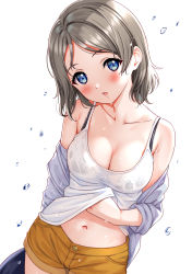 Rule 34 | 1girl, :o, bare shoulders, black bra, blue eyes, blush, bra, breasts, brown hair, camisole, camisole lift, casual, cleavage, clothes lift, collarbone, commentary request, grey jacket, head tilt, highres, jacket, lifted by self, long sleeves, looking at viewer, love live!, love live! sunshine!!, medium breasts, navel, off shoulder, open clothes, open jacket, open mouth, orange shorts, sankuro (agoitei), see-through, short hair, short shorts, shorts, simple background, solo, stomach, underwear, watanabe you, water drop, wet, wet clothes, white background