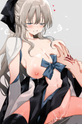 Rule 34 | 1boy, 1girl, bad id, bad twitter id, black bow, black dress, black footwear, blue eyes, boots, bow, braid, grabbing another&#039;s breast, breasts, center opening, collarbone, command spell, cowgirl position, cum, cum in pussy, dress, fate/grand order, fate (series), french braid, girl on top, grabbing, grey hair, grin, hair bow, hetero, large breasts, long hair, long sleeves, morgan le fay (fate), navel, nipples, nonoyama, pelvic curtain, ponytail, sex, sidelocks, smile, straddling, sweat, thigh boots, thighs, two-tone dress, vaginal, very long hair, white dress, wide sleeves