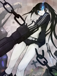 Rule 34 | 10s, 1girl, arm cannon, bikini, bikini top only, black rock shooter, black rock shooter (character), blue eyes, chain, female focus, glowing, glowing eyes, highres, jacket, long hair, midriff, pale skin, scar, shorts, solo, swimsuit, tarayama, twintails, uneven twintails, weapon