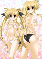 Rule 34 | 00s, 1girl, :o, blonde hair, blush, covering privates, covering breasts, fate testarossa, highres, long hair, looking at viewer, looking back, lyrical nanoha, mahou shoujo lyrical nanoha, mahou shoujo lyrical nanoha strikers, navel, oda ken&#039;ichi, panties, red eyes, solo, time paradox, twintails, underwear