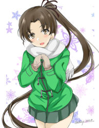 Rule 34 | 1girl, alternate costume, ayanami (kancolle), brown eyes, brown hair, coat, gakky, green jacket, grey mittens, grey skirt, jacket, kantai collection, leaning forward, long hair, mittens, one-hour drawing challenge, pleated skirt, scarf, side ponytail, skirt, smile, snowflakes, solo, white background, white scarf, winter clothes, winter coat