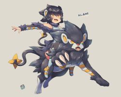 Rule 34 | 1girl, :d, bare shoulders, black hair, black thighhighs, blue footwear, blue shirt, boots, breasts, commentary request, creatures (company), fang, full body, fur trim, game freak, gen 4 pokemon, grey background, hair between eyes, knee boots, kuromiya, luxray, medium breasts, nintendo, open mouth, outstretched arm, personification, pokedex number, pokemon, pokemon (creature), pokemon ears, pokemon tail, riding, shirt, simple background, sleeveless, sleeveless shirt, smile, tail, thighhighs, thighhighs under boots, yellow eyes