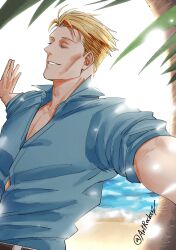 Rule 34 | 1boy, artrockerz, beach, blonde hair, cheekbones, closed eyes, collared shirt, foreshortening, from side, happy, highres, jujutsu kaisen, light smile, long sleeves, male focus, mature male, nanami kento, outstretched arms, relaxing, shirt, short hair, sleeves rolled up, solo, spread arms, upper body