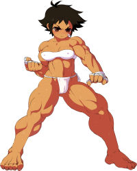 Rule 34 | 1girl, bandages, bandaid, bandaid on face, barefoot, black hair, blush, bra, breasts, brown eyes, clenched hand, covered erect nipples, fighting stance, full body, fundoshi, highres, japanese clothes, jill besson (vordandan), makoto (street fighter), medium breasts, muscular, muscular female, navel, short hair, solo, strapless, strapless bra, street fighter, sweat, thick thighs, thighs, toes, tomboy, underwear, white background, white bra, wrist wrap