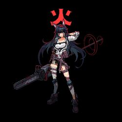 Rule 34 | 1girl, animal ear fluff, animal ears, ankle boots, arknights, arm up, belt, belt pouch, black background, black gloves, black hair, black skirt, blood, blood on face, bloody weapon, blue eyes, boots, breasts, brown footwear, cat ears, chainsaw, fingerless gloves, gloves, grey thighhighs, hairband, holding, holding weapon, jacket, large breasts, leg strap, long hair, long sleeves, looking at viewer, lowres, miniskirt, mizorehi, open clothes, open jacket, pixel art, pouch, red hairband, shirt, single thighhigh, skirt, solo, standing, thigh strap, thighhighs, two-tone background, very long hair, weapon, white jacket, white shirt