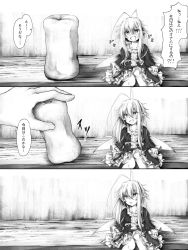 Rule 34 | 1girl, antenna hair, artificial vagina, blush, comic, commentary request, dress, fairy, greyscale, hair between eyes, highres, long hair, monochrome, open mouth, original, pointy ears, sasasa (nashi), sex toy, sidelocks, sitting, speech bubble, translation request, wings