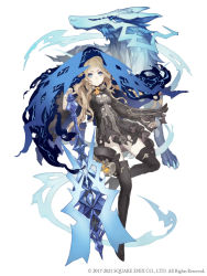 Rule 34 | 1girl, alternate eye color, black dress, blonde hair, blue eyes, boots, corruption, dress, empty eyes, flat chest, frown, full body, glowing, glowing eyes, high heel boots, high heels, ji no, lock, long hair, looking at viewer, official art, padlock, red riding hood (sinoalice), sinoalice, solo, spirit, square enix, thigh boots, thighhighs, torn clothes, white background, wolf