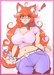 Rule 34 | !, 1girl, :3, animal ears, belt, blush stickers, boots, breasts, cat ears, cat tail, cleavage, curly hair, denim, glasses, jeans, long hair, mazume, nail polish, natalie (mazume), navel, orange hair, original, panties, pants, panty peek, slit pupils, solo, tail, thigh boots, thighhighs, underwear, yellow eyes