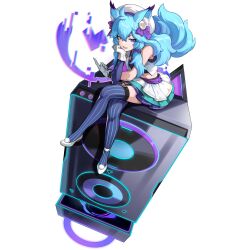 Rule 34 | ai.mi (omega strikers), ai.mi (omega strikers) (idol ai.mi), animal ear fluff, animal ears, artist request, asymmetrical gloves, bare shoulders, blue eyes, blue hair, blue thighhighs, cat ears, cat tail, colored tips, crossed legs, garter straps, glitch, gloves, heart, heterochromia, highres, jacket, light blue hair, long hair, looking at viewer, multicolored hair, official alternate costume, official art, omega strikers, orange eyes, pointing, pointing up, pom pom (clothes), sitting, sleeveless, sleeveless jacket, smile, stereo, striped clothes, striped thighhighs, tail, thighhighs, white gloves, white headwear, white jacket