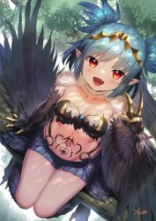 Rule 34 | 1girl, bird legs, black feathers, black wings, blue hair, blush, breasts, claws, cleavage, commission, fang, feathers, harpy, highres, in tree, indie virtual youtuber, lincoro, monster girl, navel, open mouth, pointy ears, red eyes, short hair, short twintails, sitting on branch, skeb commission, solo, stomach tattoo, talons, tattoo, tiara, tree, twintails, v, virtual youtuber, winged arms, wings, yapo (croquis side)