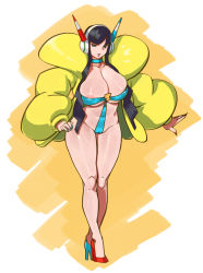 Rule 34 | 1girl, absurdres, alternate costume, areola slip, black hair, blue eyes, breasts, cleavage, covered navel, creatures (company), curvy, elesa (pokemon), full body, game freak, hand on own hip, headphones, highres, huge breasts, long hair, looking at viewer, nail polish, nintendo, pokemon, pokemon bw2, solo, standing, wide hips, yuzhou
