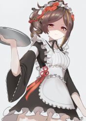 Rule 34 | 1girl, apron, blonde hair, brown hair, chiori (genshin impact), drill hair, drill ponytail, frills, genshin impact, hair ornament, hair stick, highres, holding, holding plate, maid, maid apron, maid headdress, multicolored hair, plate, russi silver, simple background, solo, streaked hair, white background
